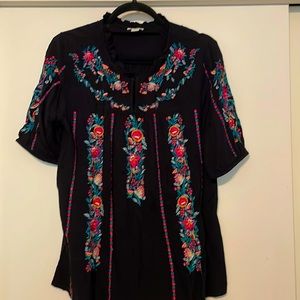 Sundance size Large black blouse with colorful embroidered flowers and trim